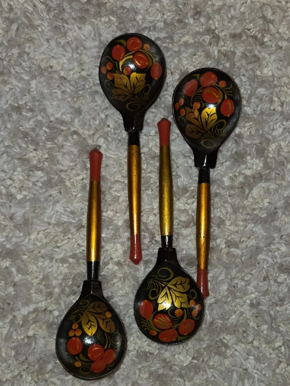 Khokhloma Hand-Painted Black and Gold Decorative Serving Spoons - Floral Design
